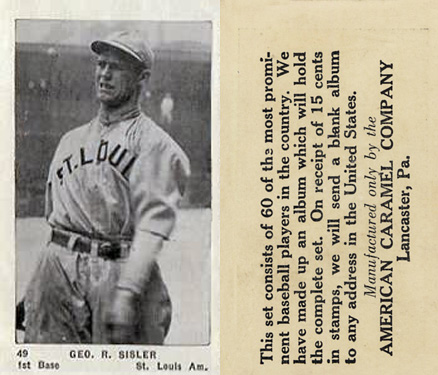 1927 American Caramel--Series of 60 Geo. R. Sisler #49 Baseball Card