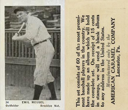 1927 American Caramel--Series of 60 Emil Meusel #34 Baseball Card
