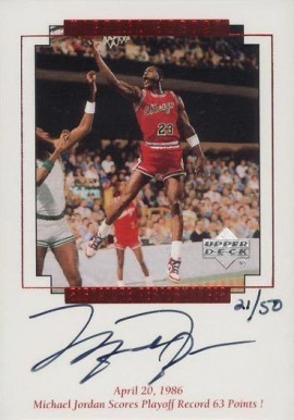 1999 Upper Deck MJ Master Collection Signature Performances Scores playoff record 63 points #MJ1 Basketball Card