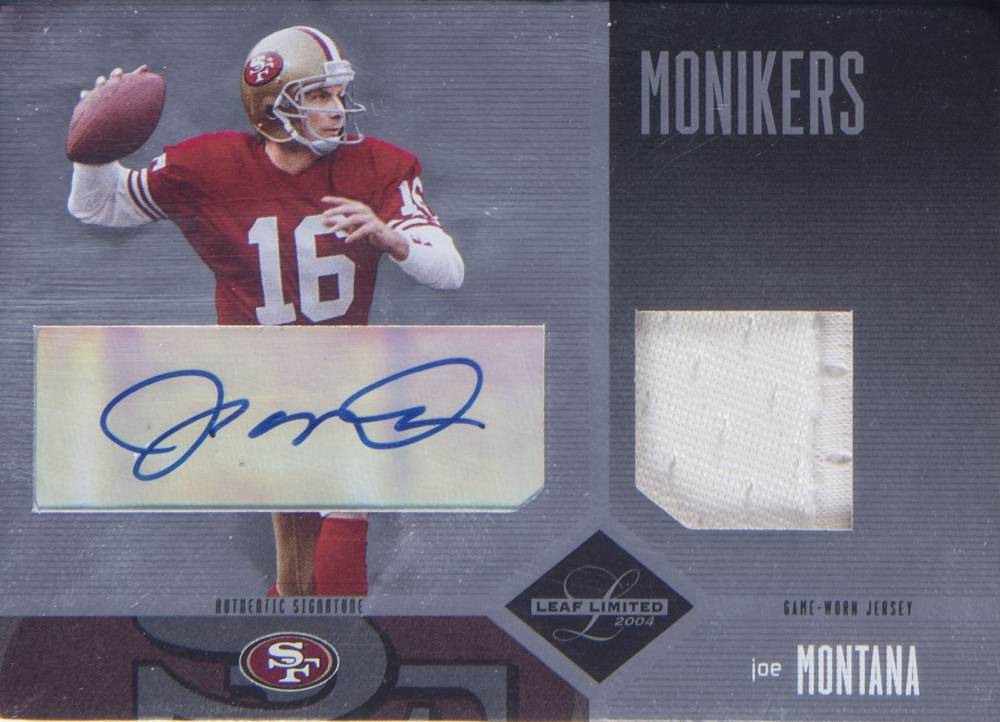 2004 Leaf Limited Material Monikers Joe Montana/Tom Brady #MM-43 Football Card