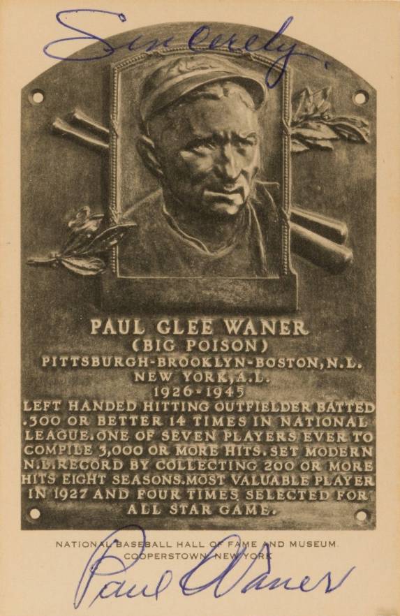 1990 Artvue Hall of Fame Plaque Autographed Paul Waner # Baseball Card
