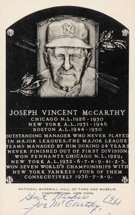 1990 Artvue Hall of Fame Plaque Autographed Joe McCarthy # Baseball Card
