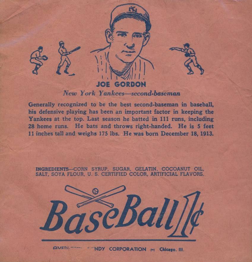 1936 Overland Candy Corp. Joe Gordon # Baseball Card