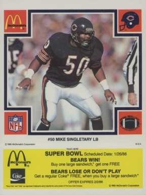 1985 McDonald's Bears Mike Singletary #50 Football Card