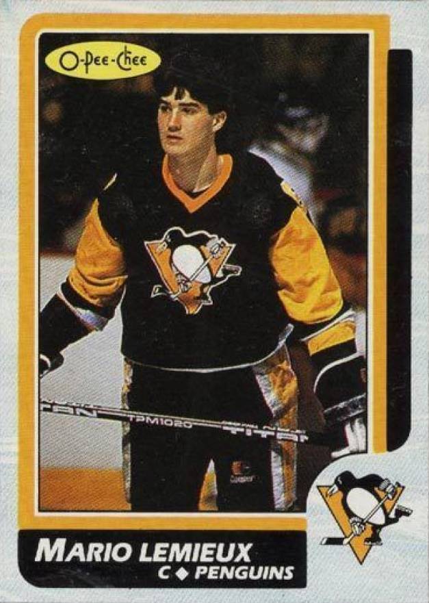 1986 O-Pee-Chee Box Bottoms-Hand Cut Mario Lemieux #I Hockey Card