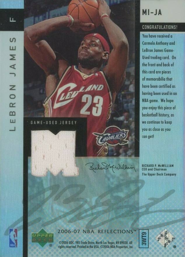 2006 Upper Deck Reflections Mirror Images Dual Patch Carmelo Anthony/LeBron James #MI-JA Basketball Card