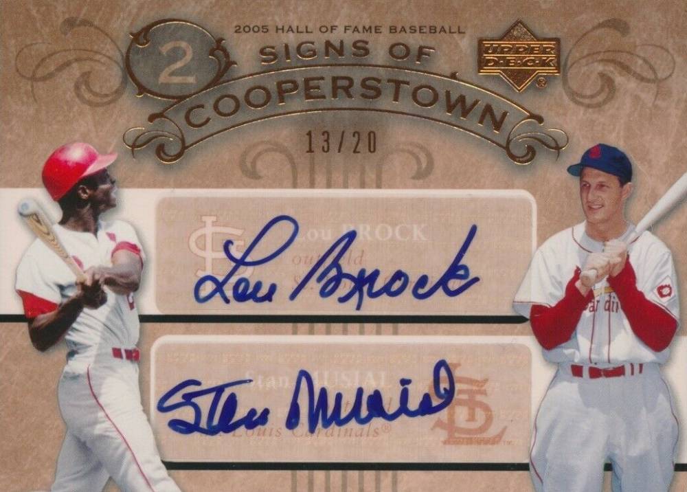 2005 Upper Deck Hall of Fame Signs of Cooperstown Dual Autograph Lou Brock/Stan Musial #BM Baseball Card