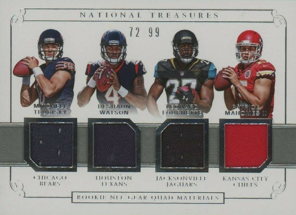 2017 Panini National Treasures Rookie NFL Gear Quad Materials Deshaun Watson/Leonard Fournette/Mitchell Trubisky/Patrick Mahomes II #15 Football Card