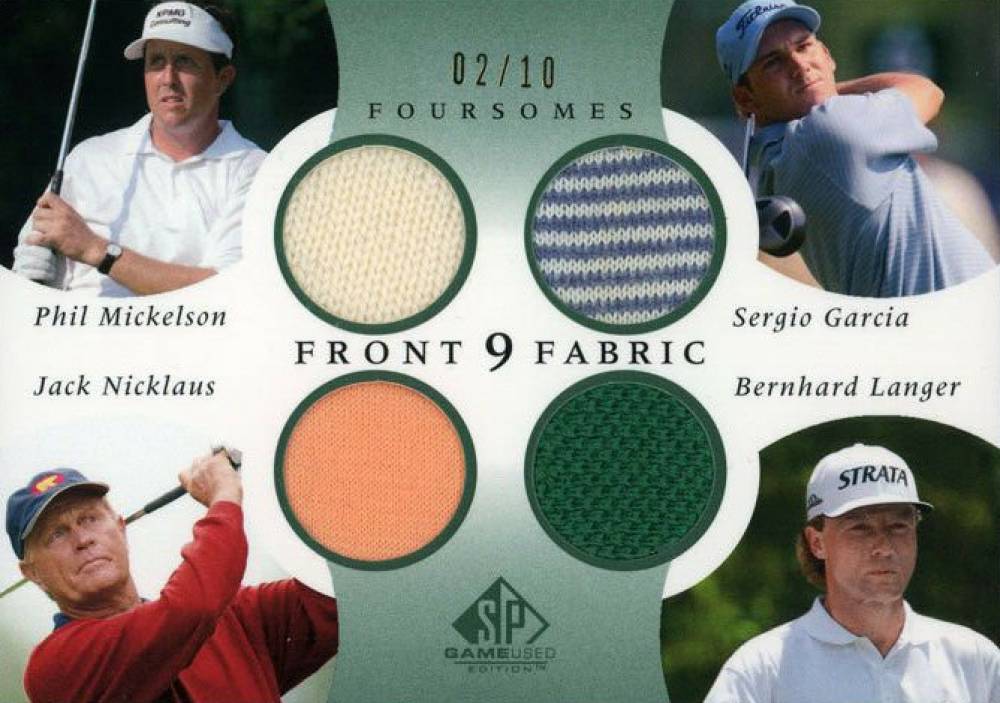 2002 SP Game Used Front 9 Fabrics Garcia/Langer/Mickelson/Nicklaus #F9FMG Golf Card