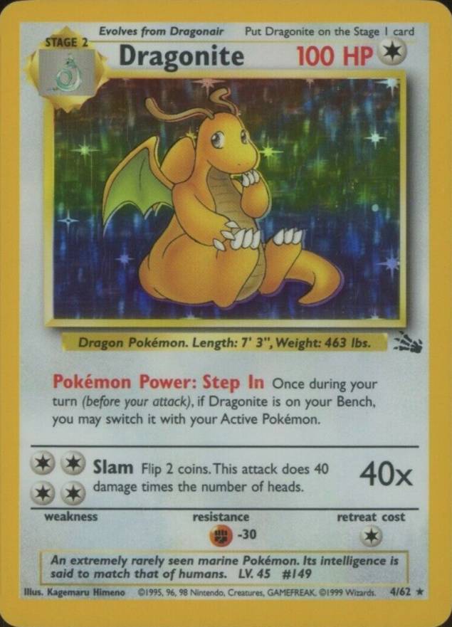1999 Pokemon Fossil Dragonite-Holo #4 TCG Card