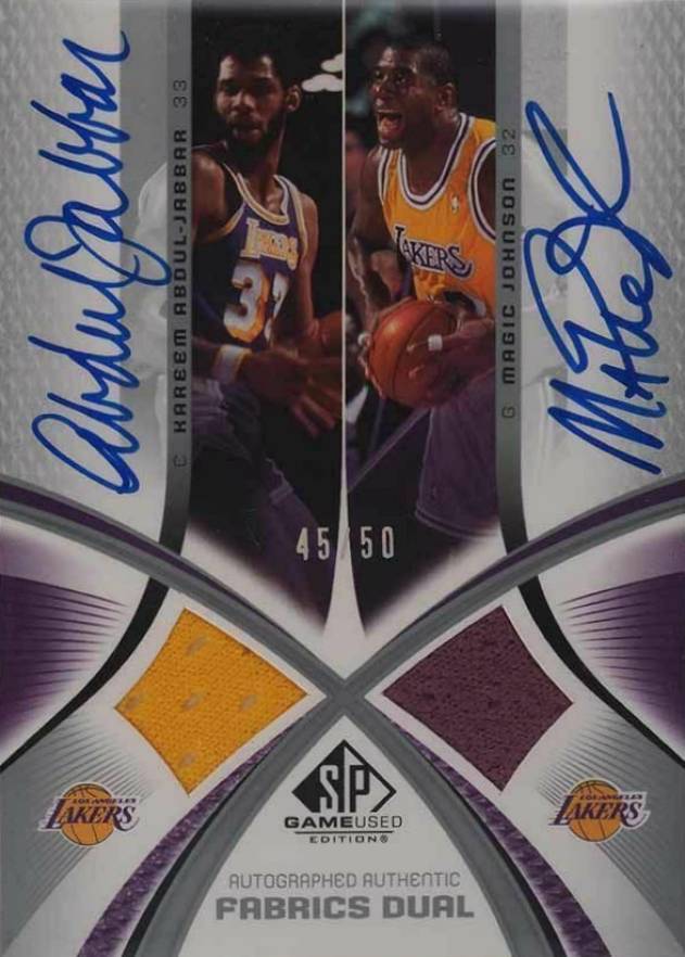 2005 SP Game Used Authentic Fabrics Dual Autographs Kareem Abdul-Jabbar/Magic Johnson #AAF2-AJ Basketball Card