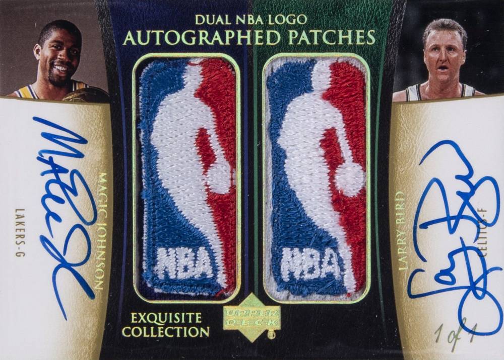 2004 UD Exquisite Collection Dual NBA Logo Autographed Patches Magic Johnson/Larry Bird #MA-LG Basketball Card
