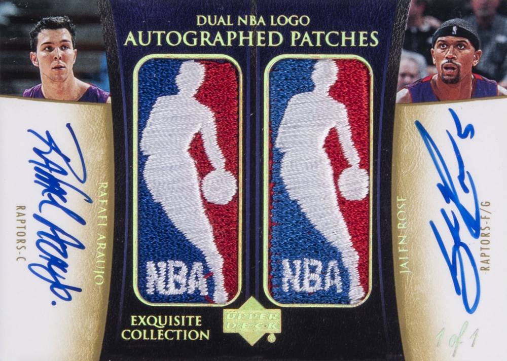 2004 UD Exquisite Collection Dual NBA Logo Autographed Patches Rafael Araujo/Jalen Rose #RA-JR Basketball Card