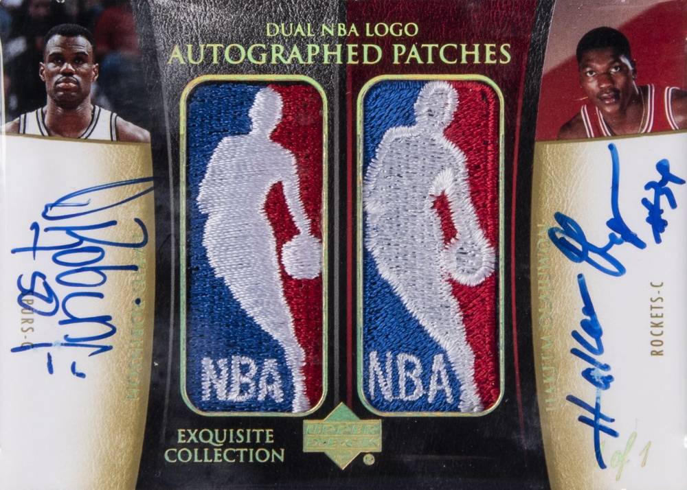2004 UD Exquisite Collection Dual NBA Logo Autographed Patches David Robinson/Hakeem Olajuwon #DR-HO Basketball Card