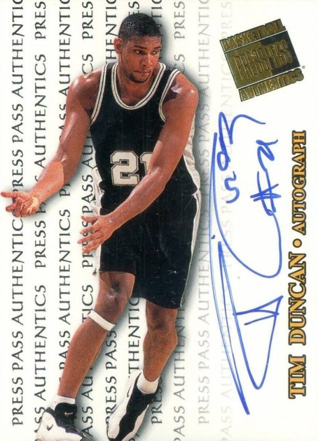 1998 Press Pass Authentics Autograph Tim Duncan #1 Basketball Card