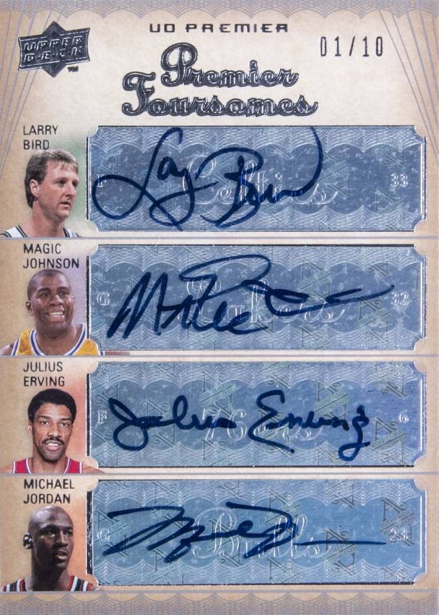 2007 Upper Deck Premier Premier Foursomes Autographs Julius Erving/Larry Bird/Magic Johnson/Michael Jordan #JEJB Basketball Card