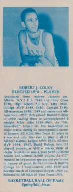 1968 Hall Of Fame Bookmarks Bob Cousy # Basketball Card