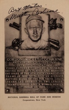 1946 Albertype HOF Plaque Autographed Mickey Cochrane # Baseball Card