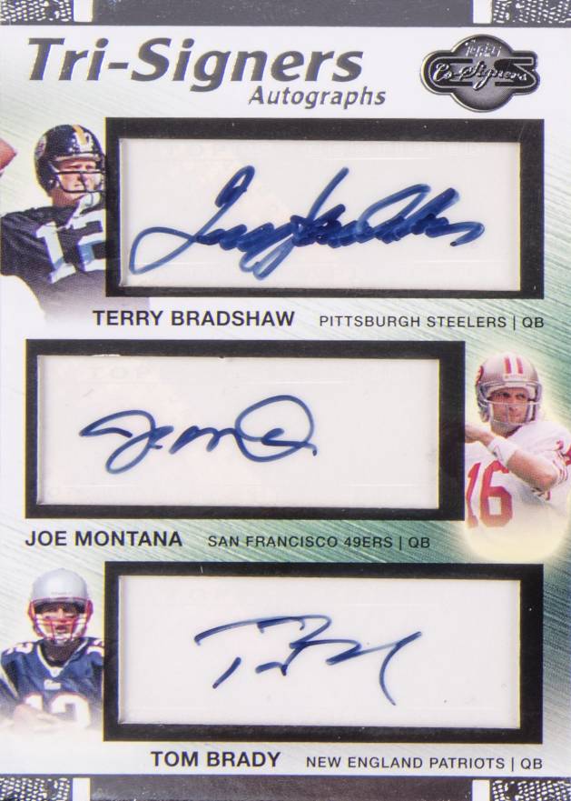 2007 Topps CO-Signers Tri-Signer Autograph Joe Montana/Terry Bradshaw/Tom Brady #BMB Football Card