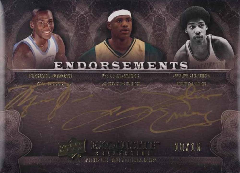 2011 Upper Deck Exquisite Collection Endorsements Triple Autographs Julius Erving/LeBron James/Michael Jordan #JJE Basketball Card
