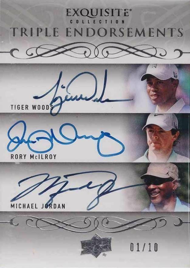 2014 Upper Deck Exquisite Collection Triple Endorsements Michael Jordan/Rory McIlroy/Tiger Woods #EE3JWM Golf Card