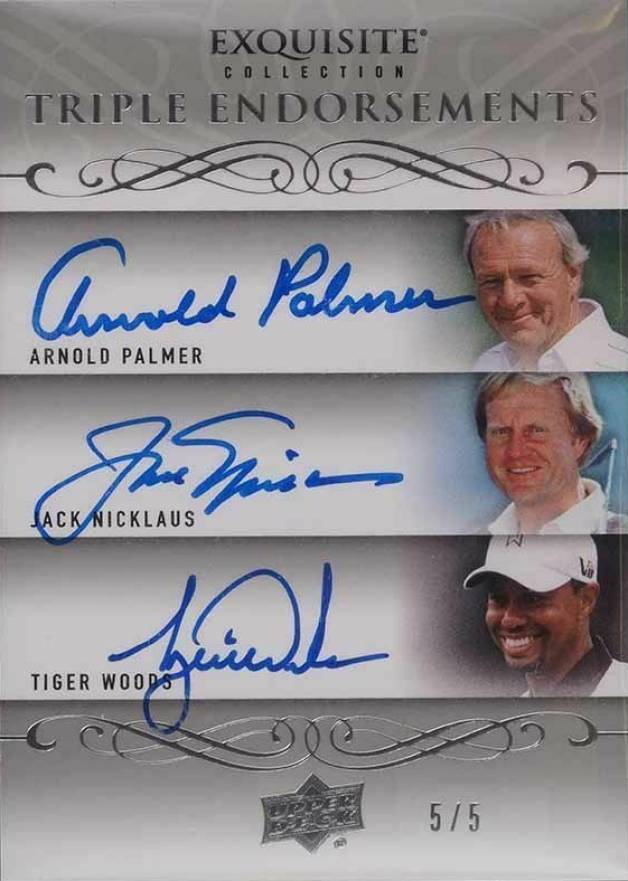2014 Upper Deck Exquisite Collection Triple Endorsements Arnold Palmer/Jack Nicklaus/Tiger Woods #EE3PNE Golf Card