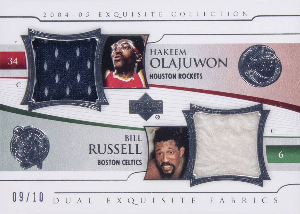2004 Upper Deck Exquisite Collection Extra Exquisite Dual Jersey Hakeem Olajuwon/Bill Russell #EJ2OR Basketball Card