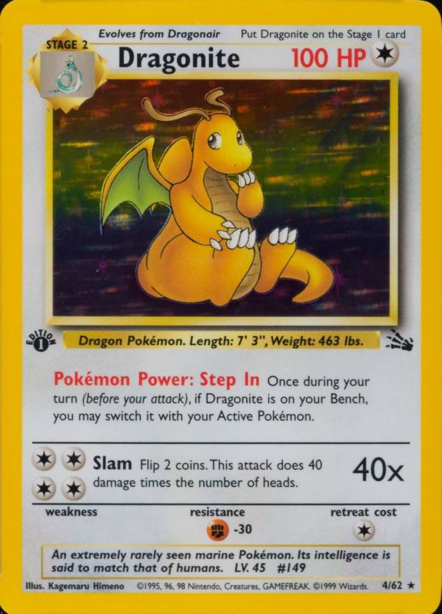 1999 Pokemon Fossil Dragonite-Holo #4 TCG Card