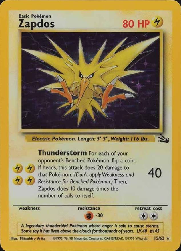 1999 Pokemon Fossil Zapdos-Holo #15 TCG Card